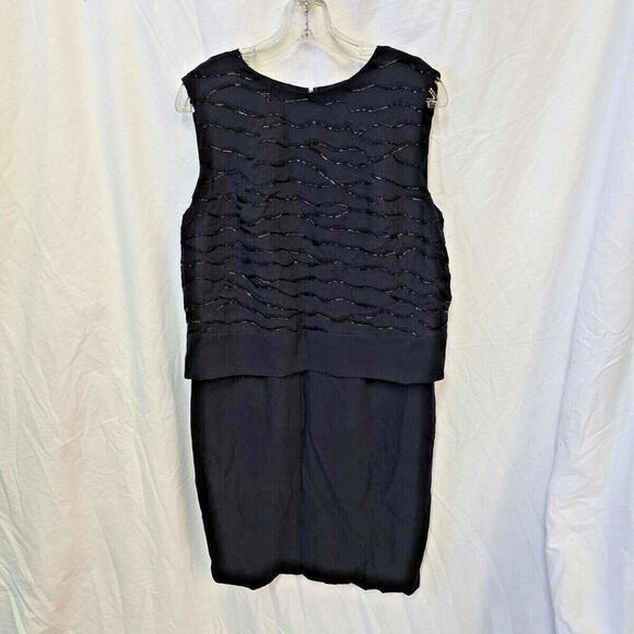 Lafayette 148 Modern 100% Silk 10 Navy Shift‎ Dress Black Beaded Overlay NWT - Picture 1 of 16